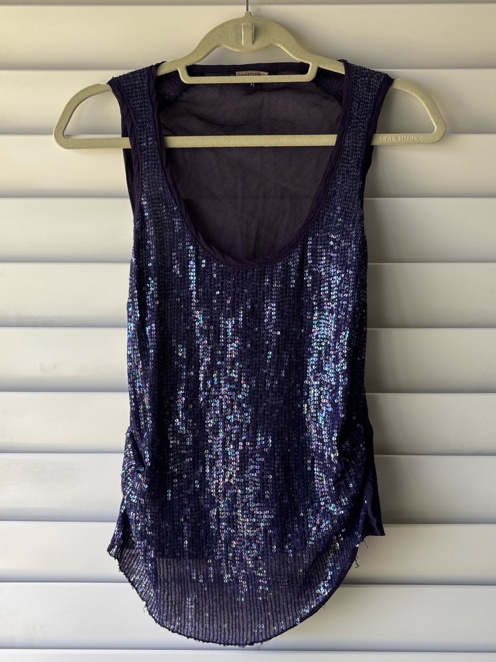 Rozae Nicholas Y2K Purple Sequin 100% Silk Sheer Back Drape Going Out Top Size M